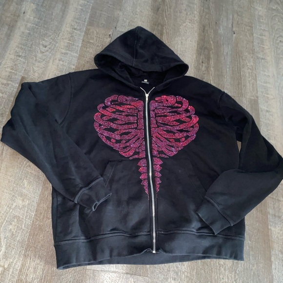 Cupids Curse Y2K style rhinestone rib cage full zip hooded jacket - Picture 5 of 11